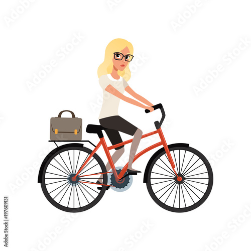 Young blond girl riding bicycle to work in briefcase. Cartoon character of business woman in glasses. Personal transport for urban mobility. Flat vector design © topvectors