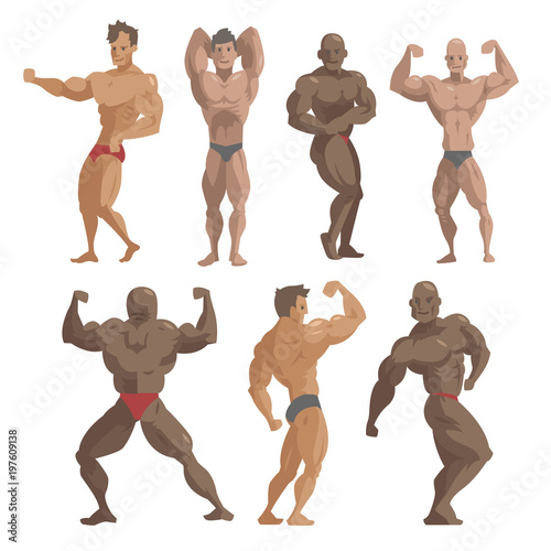 Bodybuilder sportsman vector characters muscular bearded man fitness male strong athlets model posing bodybuilding sport gym cartoon style illustration