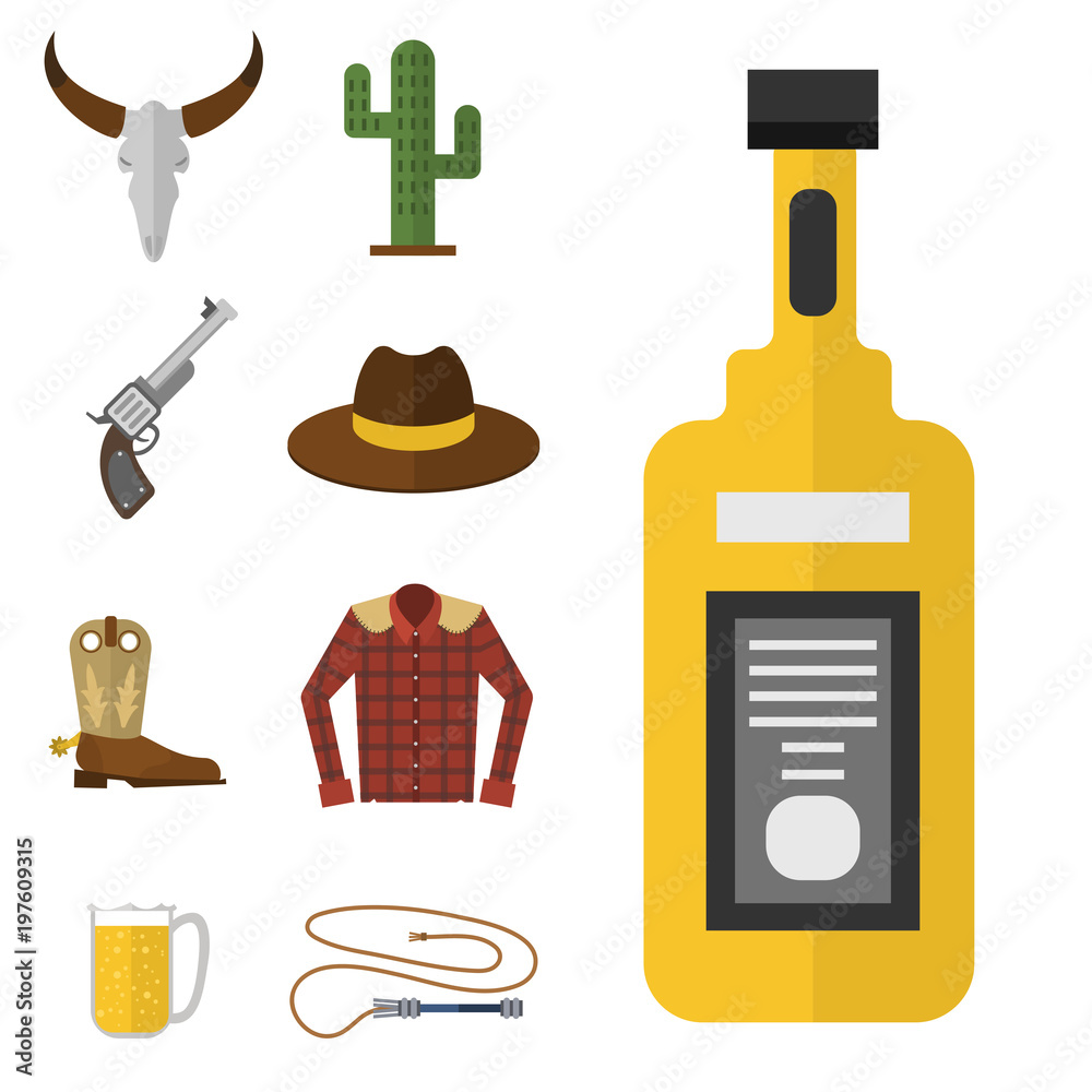 Wild western vector cowboy icons rodeo equipment and many different western  Wild west accessories illustration Stock-Vektorgrafik | Adobe Stock