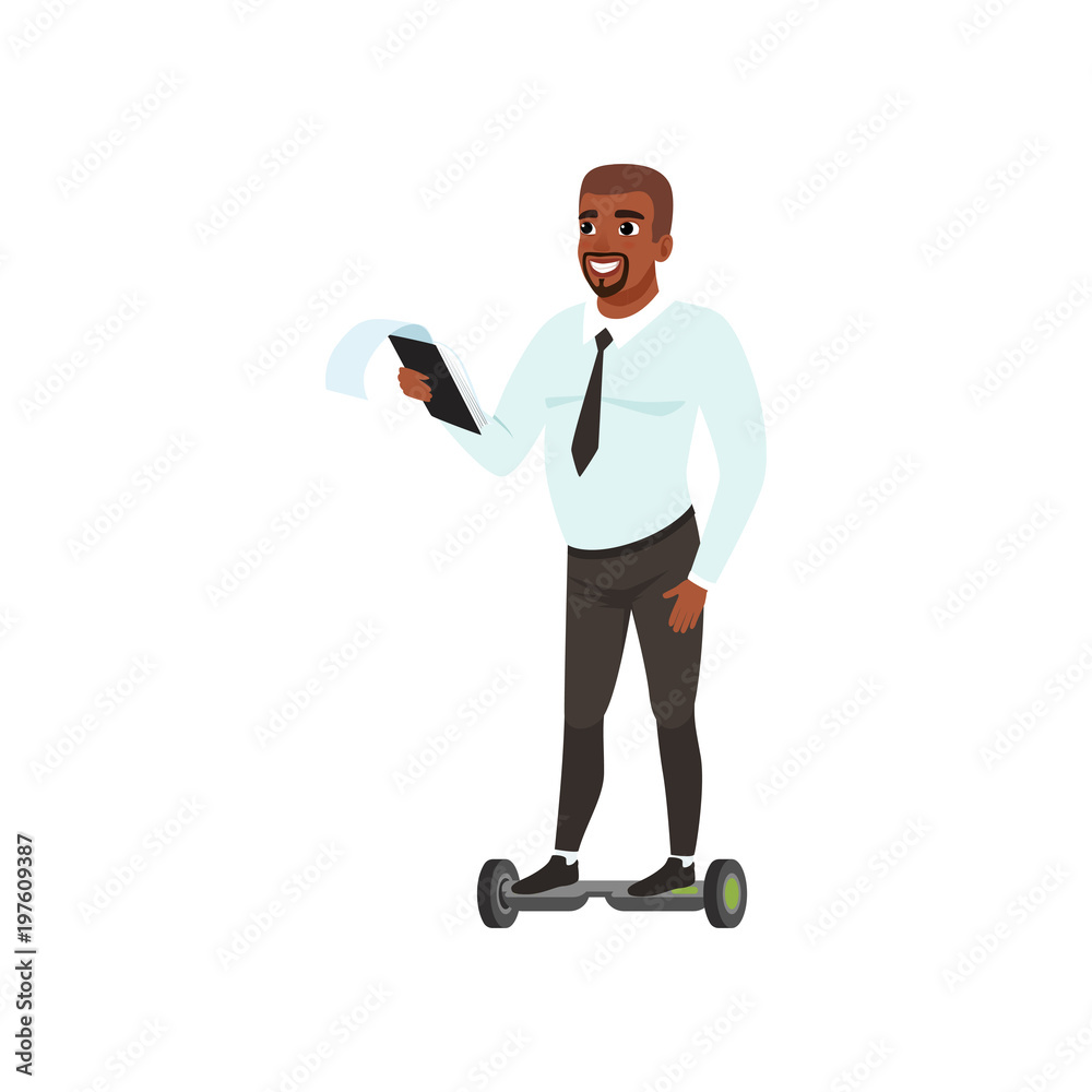 Portrait of Afro-American businessman on electric hoverboard with paper tablet in hand. Smiling man riding on self-balancing scooter. Flat vector design Portrait of Afro-American businessman on electric hoverboard with paper tablet in hand. Smiling man riding on self-balancing scooter. Flat vector design