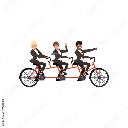Three cheerful men in black classic suits riding tandem bicycle. Business partners, team work. Cartoon people characters. Young office workers. Flat vector design