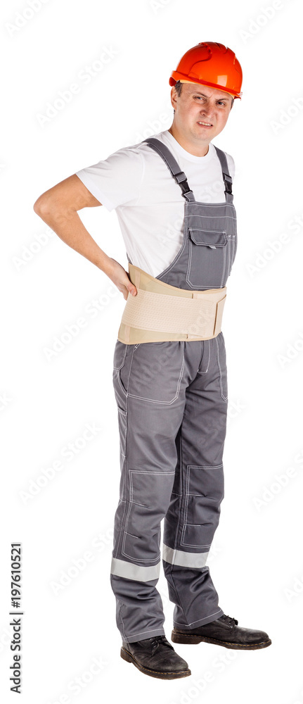 builder with back support belt protect posture, isolated on white background. builder with back support belt protect posture, isolated on white background.