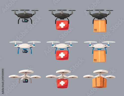 Set of drones. Delivery, medical, photo and video copters. Cartoon vector illustration