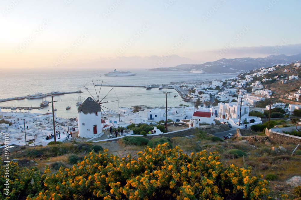 Sunset over Mykonos town, Cyclades, Greece.