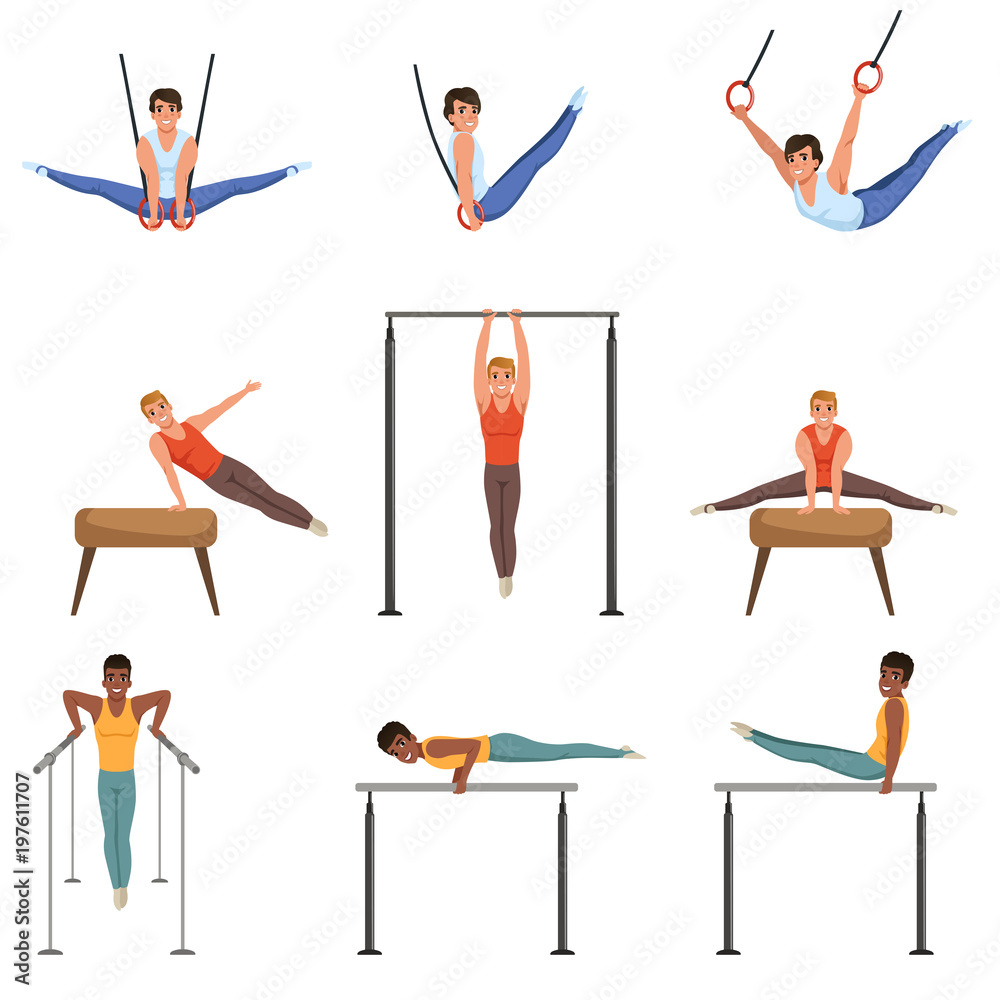 Young guys training on various gymnastics apparatus. Rings, pommel