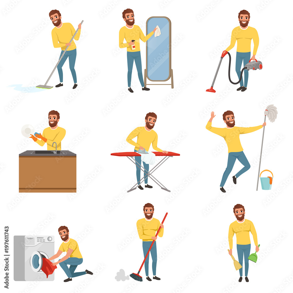 Bearded man with different household chores. Cleaning floor with mop