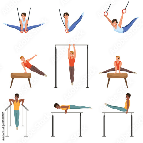Young guys training on various gymnastics apparatus. Rings, pommel horse, horizontal and parallel bars. Olympic sport. Professional athletes. Flat vector set