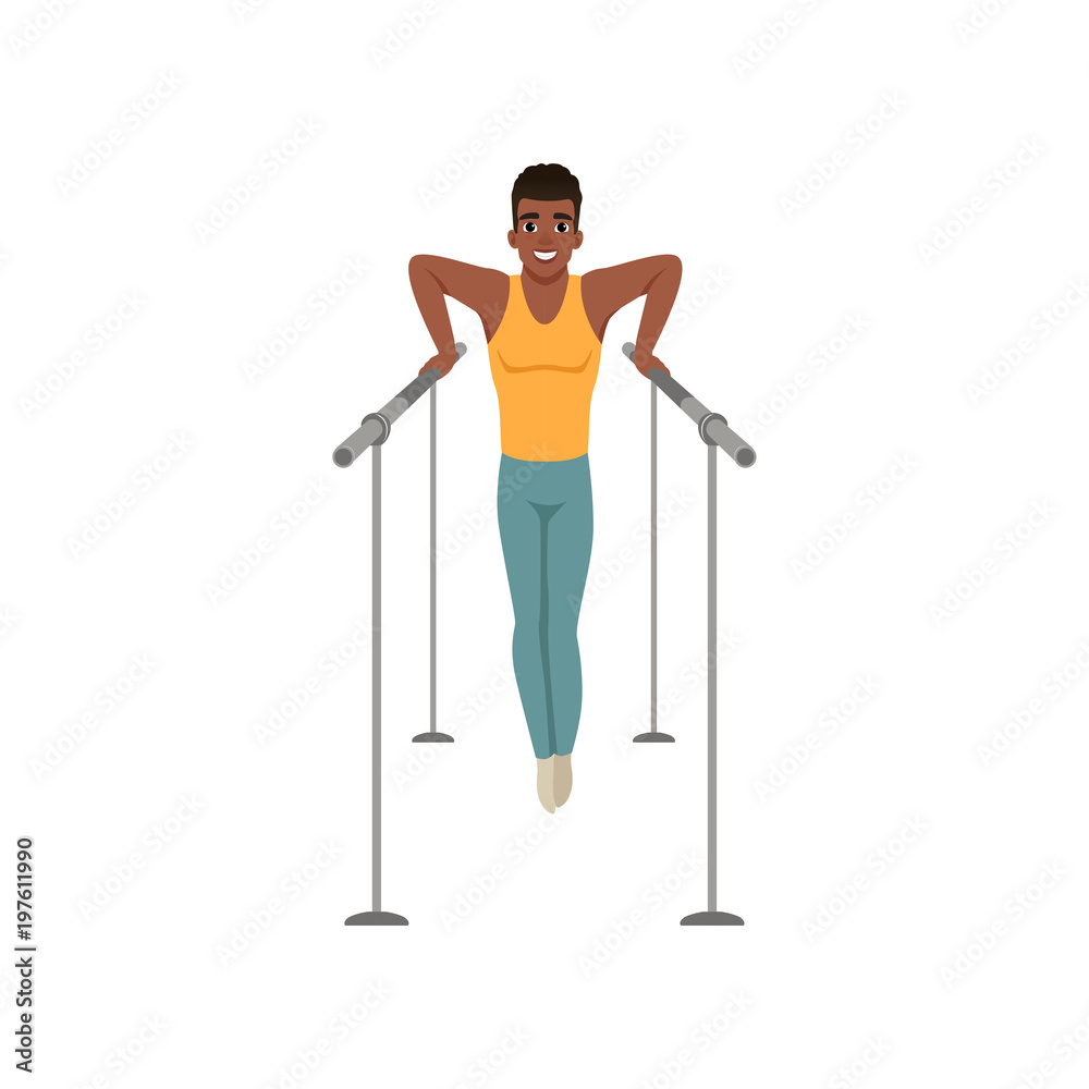 Young gymnast perform on parallel bars. Cartoon character of professional athlete. Olympic sport. Artistic gymnastics. Teenager boy in sportswear. Flat vector Young gymnast perform on parallel bars. Cartoon character of professional athlete. Olympic sport. Artistic gymnastics. Teenager boy in sportswear. Flat vector