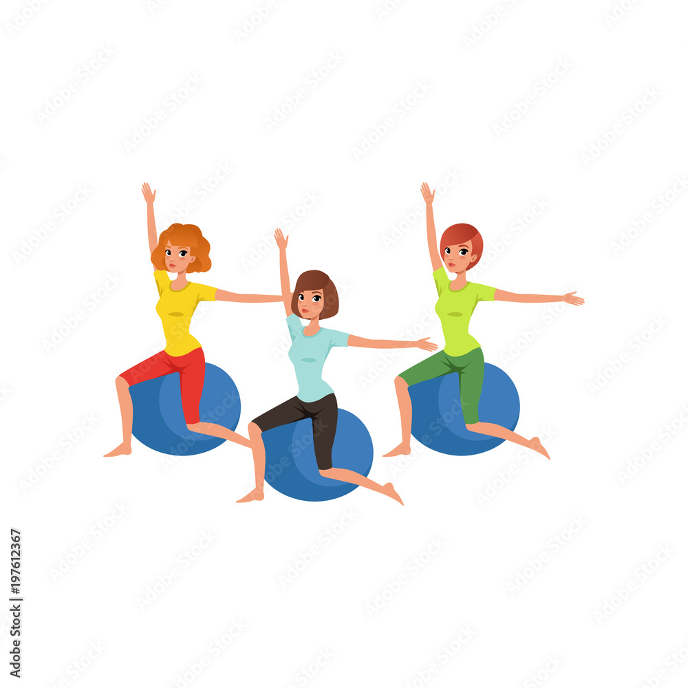 Cartoon women characters doing exercise with fitness ball. People in gym. Three young girls in sportswear. Healthy lifestyle. Physical activity. Flat vector design
