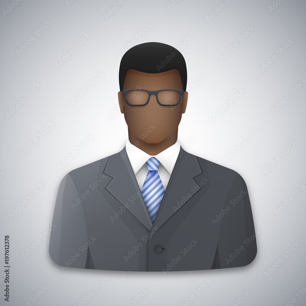 Vector icon of a black business man with glasses. Successful young afro businessman dressed in a gray business suit and blue striped tie