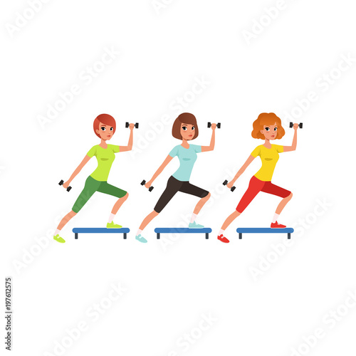 Young girls doing fitness exercise using dumbbells and step platform. Women in colorful sportswear. Cartoon people in gym. Physical activity. Flat vector