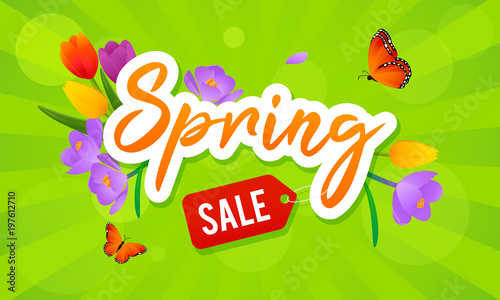 Spring Sale Vector illustration. Typography and price tag with colorful flowers on green background.