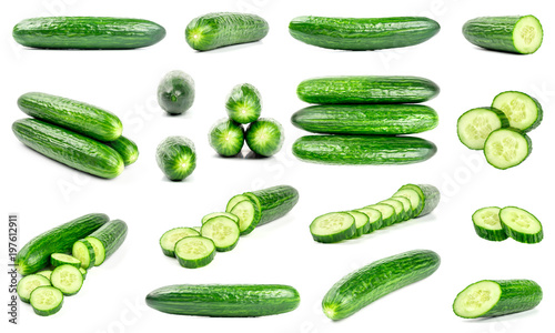 Collection of fresh green cucumbers isolated on white