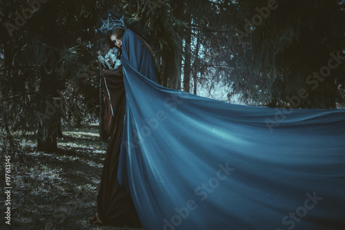 Fotografia, Obraz Beautiful model is posing in a forest with blue fabric