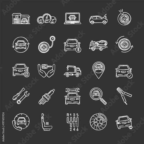 Auto workshop chalk icons set