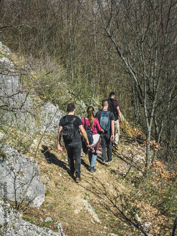 Naklejka premium Group of hikers going downhill through the forest.