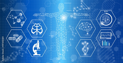 abstract background technology concept in blue light,brain and human body heal ,technology modern medical science in future and global international medical with tests analysis clone DNA human