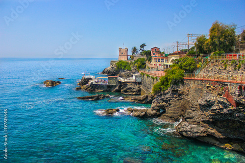 Seascape with the Mediterranean rocky coastline and promenade at Genoa Nervi, Liguria, Italy