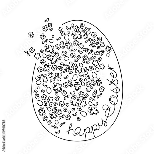 LIne drawing style. Happy Easter composition. Vector illustration for design of card, greeting, poster, banner, print graphic.  