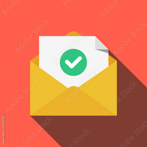 Envelope with document and round green check mark icon. Successful e-mail delivery, email delivery confirmation, successful verification concepts. Long shadow flat design. Vector illustration