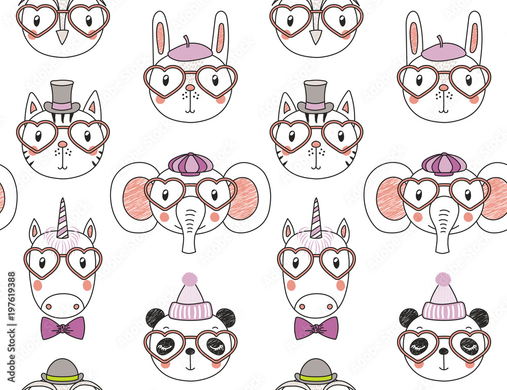 Hand drawn seamless vector pattern with cute animal faces in heart shaped glasses, different hats, on a white background. Design concept for children, textile print, wallpaper, wrapping paper.