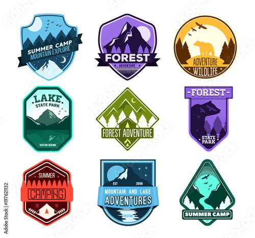 Badge for forest camping, exploration camp, tourism extreme sport club. Wild travel sticker.