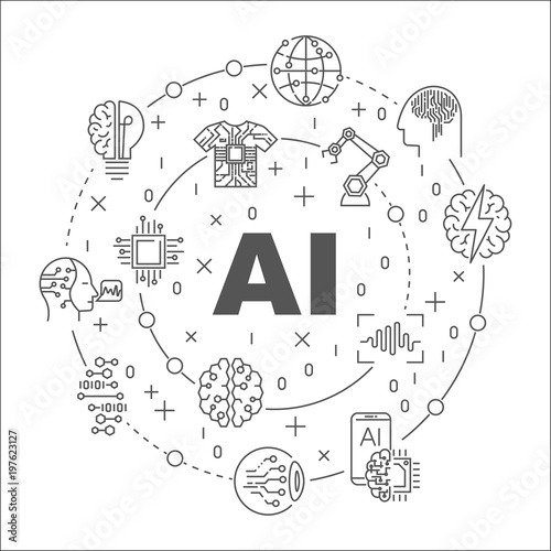 AI round line illustration. Vector circular symbol made with words Artificial Intelligence and technology icons