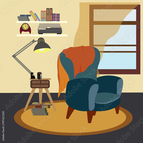 The interior of the room is furnished. Vector drawing