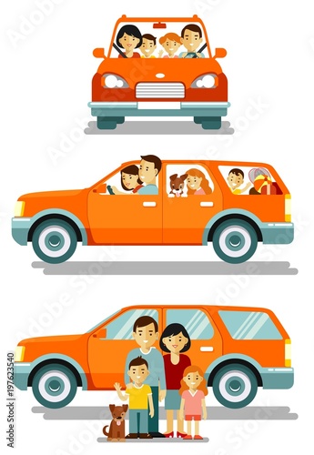 Happy family traveling by car in different views front and side. People set father, mother and children sitting in automobile and standing together.