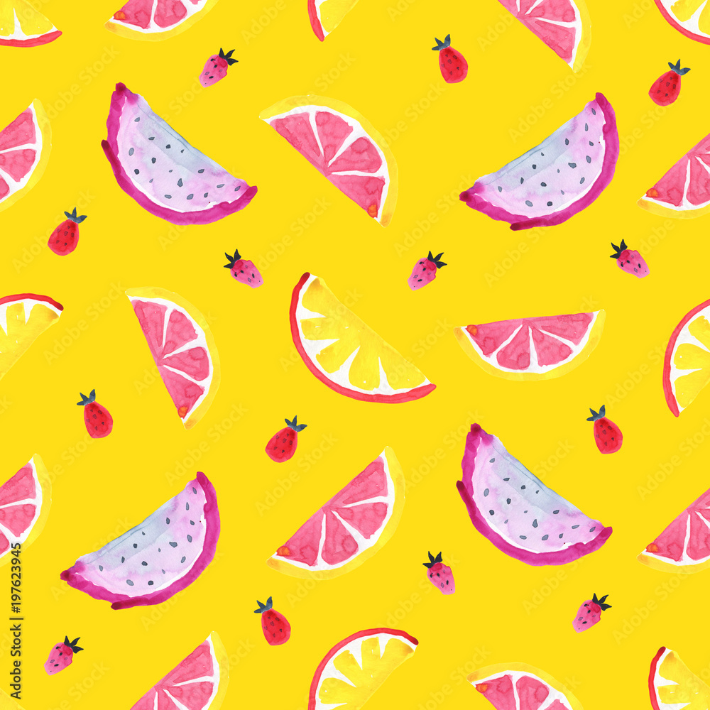 Seamless Tropical pattern of exotic fruit. Hand drawn food design