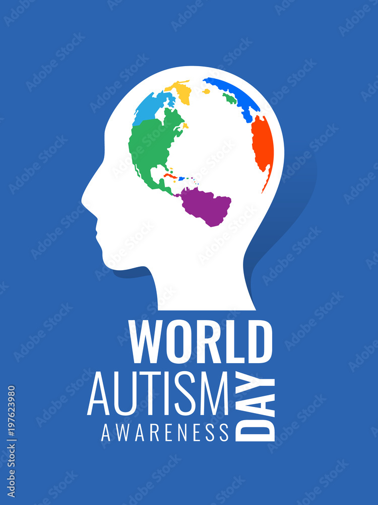 World Autism Awareness Day with Colorful brain world map sign in head human baner vector design