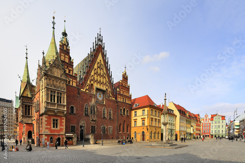 Historical quarter of Wroclaw, Poland - Old Town and Market Square, Town Hall Tower and medieval tenements