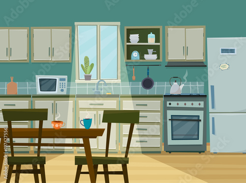 Cozy kitchen interior with furniture and stove