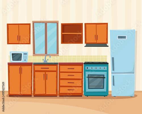 Cozy kitchen interior with furniture and stove