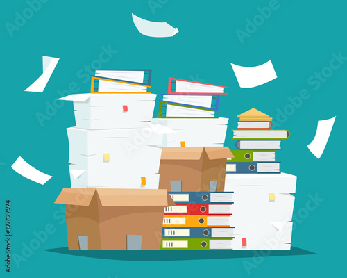 Pile of paper documents and file folders in carton boxes.
