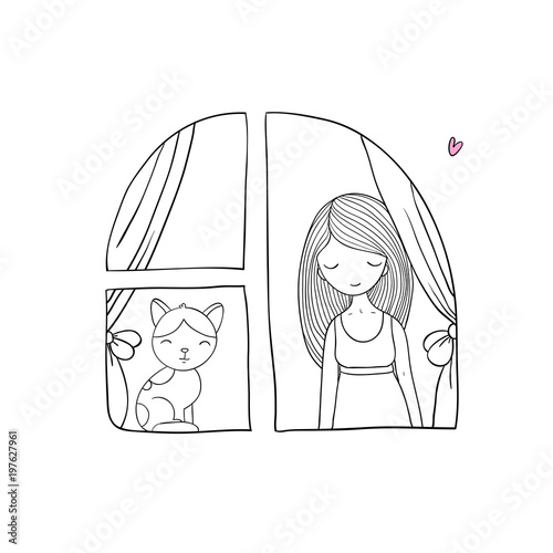 girl and cat at the window.