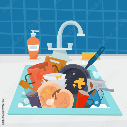 Sink with dirty kitchenware and dishes, utencil and sponge.