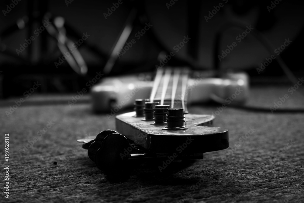 Bass Guitar In Music Studio. Musical Instruments and Equipment Bass Guitar In Music Studio. Musical Instruments and Equipment