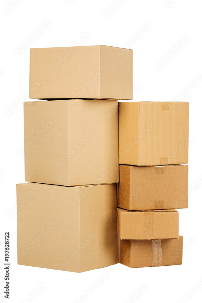 Pile of cardboard boxes on a white background