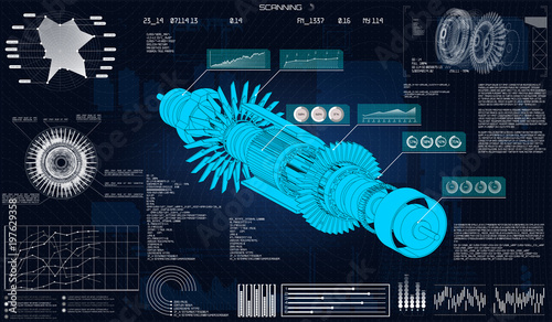 Fototapeta Future engineering.HUD UI. Vector illustration with circles and geometric parts of the mechanism. Design concept with Head-up Display elements. Technology elements, engine, mechanisms, hologram HUD UI