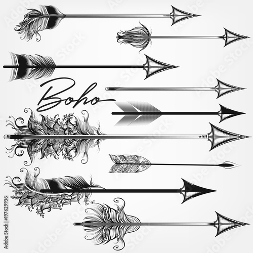 Collection of vector boho arrows in bohemian swirl tribal style
