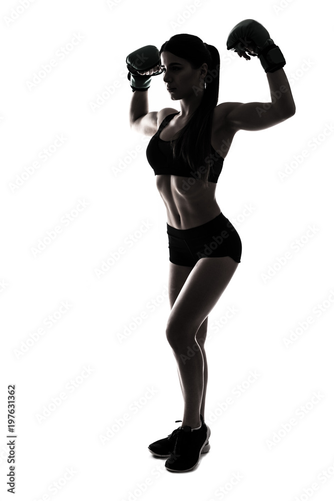 One caucasian woman boxing exercising in silhouette isolated on white background One caucasian woman boxing exercising in silhouette isolated on white background
