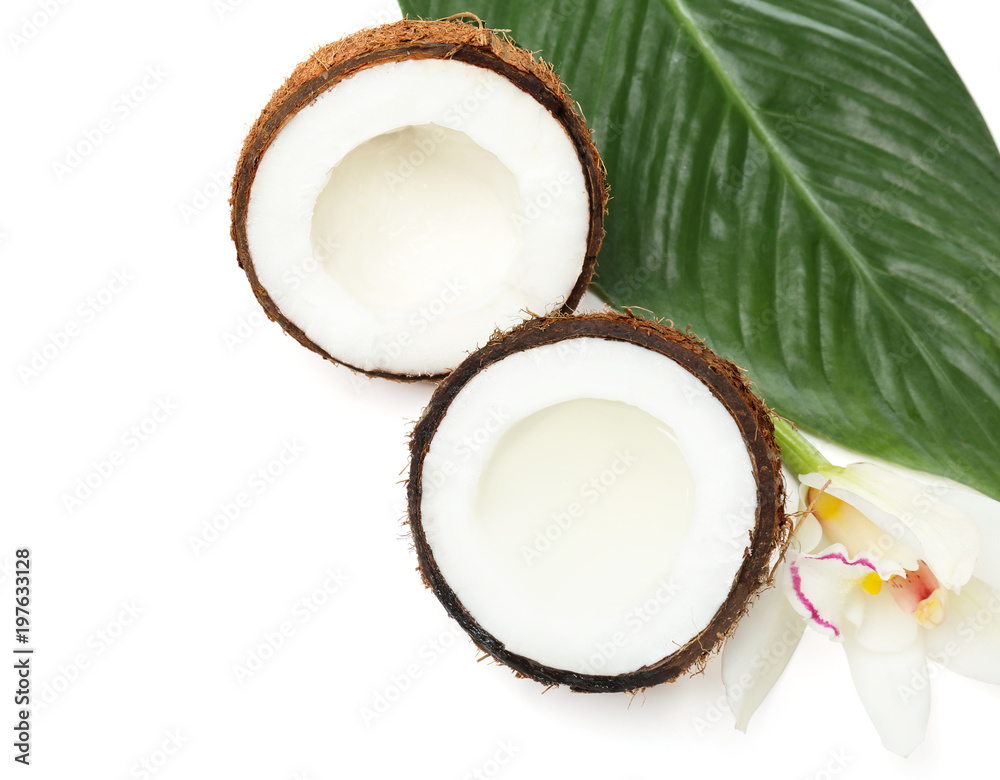 Coconuts with fresh water on white background Coconuts with fresh water on white background