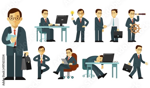 Set of businessman characters in different poses in flat style isolated on white background. Business man in office with gestures and actions