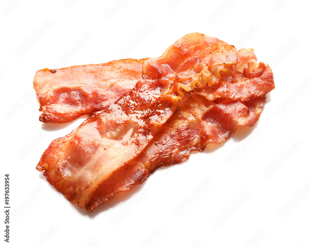 Fried bacon on white background Fried bacon on white background