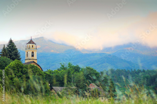 Bell tower of the church San Giovanni in Sassello, Liguria, Italy