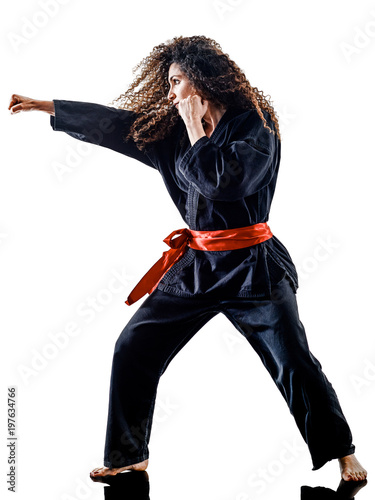 Fotografering one caucasian woman practicing martial arts Kung Fu Pencak Silat in studio isola