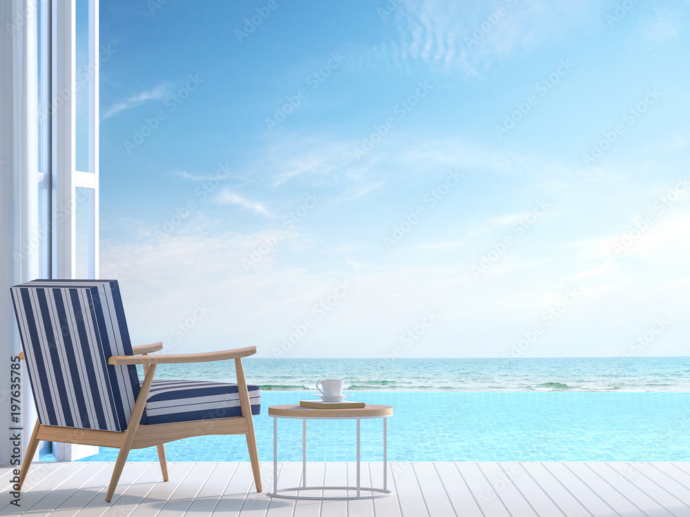 White pool villa terrace 3d render.There white wooden floor. Furnished with white and blue chair There are large open doors overlooks to borderless swimming pool and sea view.