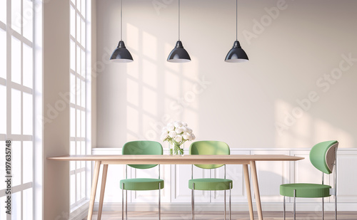 Vintage style dining room with green chair 3d render.The Rooms have wooden floors and light brown walls.Furnished with green chair and wood table. There are white window overlooking to outside.