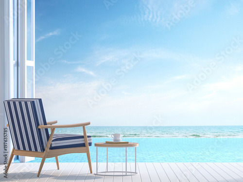 White pool villa terrace 3d render.There white wooden floor. Furnished with white and blue chair There are large open doors overlooks to borderless swimming pool and sea view.